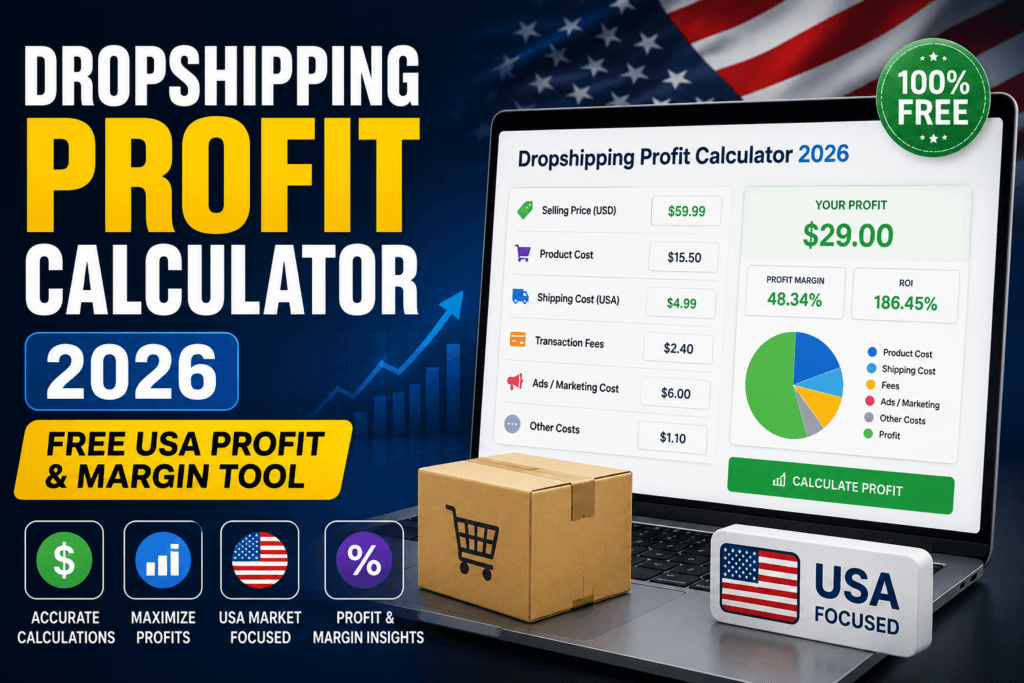 dropshipping profit calculator, dropshipping profit margin, dropshipping fees, e-commerce profit formula, US dropshipping 2026, profit margin benchmarks, increase dropshipping profit, dropshipping mistakes, pricing strategies, Shopify transaction fees
