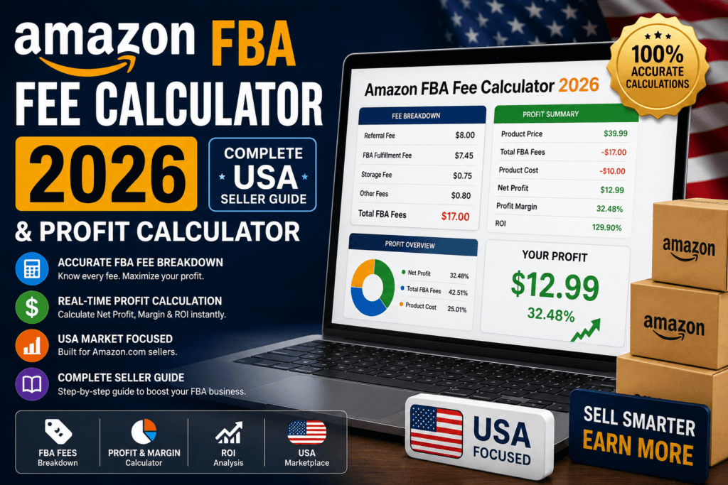 Amazon FBA fees 2026, Amazon FBA calculator, FBA fee guide, Amazon seller profit, USA FBA calculator, fulfillment fees, Amazon referral fee, storage fee calculator, FBA margin formula, Amazon seller central