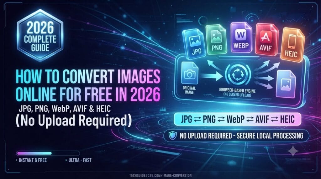 convert images online for free, convert image without uploading, image converter online, HEIC to JPG converter, WebP to JPG converter, AVIF converter online, local browser image converter, image optimization 2026, free image converter, bulk image converter