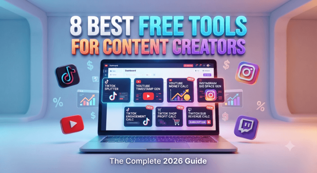 free creator tools, content creator calculators, tiktok engagement calculator, youtube money calculator, tiktok shop fee calculator, twitch sub revenue calculator, youtube timestamp generator, tiktok caption splitter, instagram bio space generator, creator economy tools 2026, social media earnings calculator, youtube shorts safe zone checker, free tools for creators, tiktok profit calculator, youtube cpm calculator
