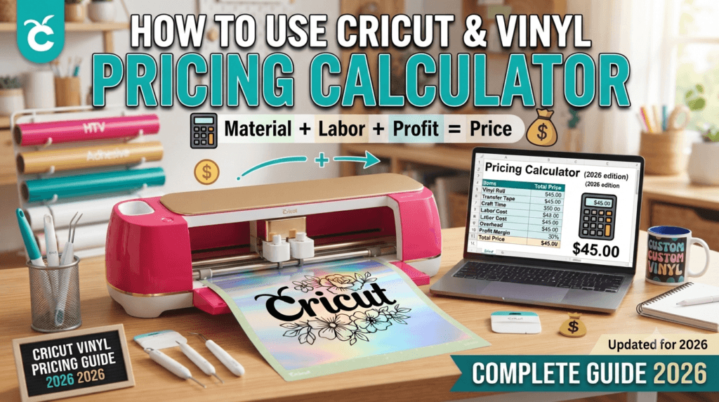 cricut pricing calculator, vinyl pricing calculator, htv shirt pricing, vinyl decal pricing, craft business pricing, cricut business guide, how to price vinyl crafts, cricut profit calculator