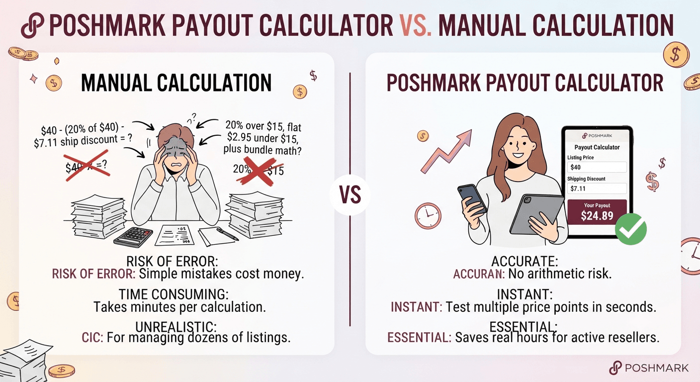 Poshmark Payout Calculator versus manual calculation comparison: manual calculation is risky, time consuming, and unrealistic for many listings, while the payout calculator is accurate, instant, and essential for active resellers