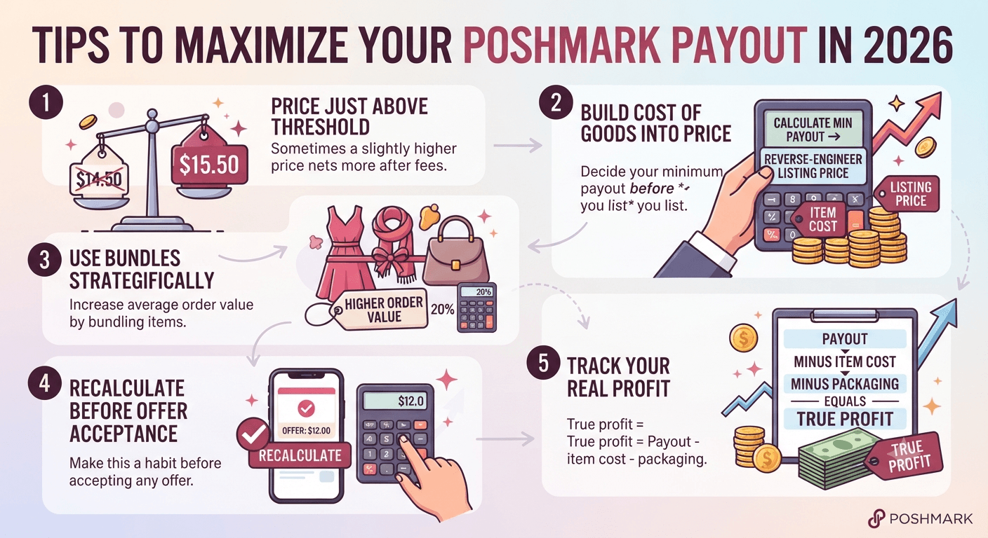 Tips to maximize your Poshmark payout in 2026: price just above the threshold, build cost of goods into price, use bundles strategically, recalculate before offer acceptance, and track your real profit