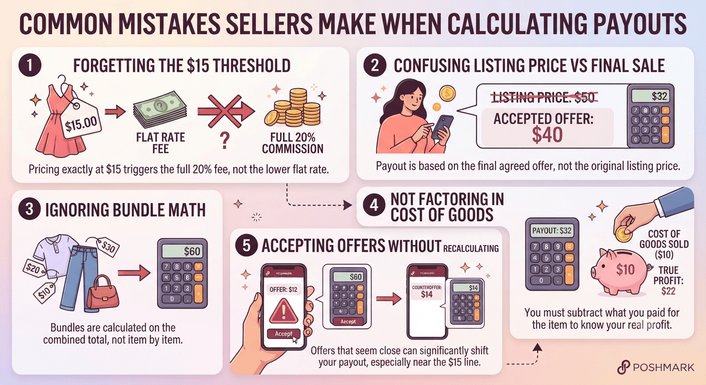 Common mistakes sellers make when calculating Poshmark payouts: forgetting the 15 dollar threshold, confusing listing price with final sale, ignoring bundle math, not factoring in cost of goods, and accepting offers without recalculating
