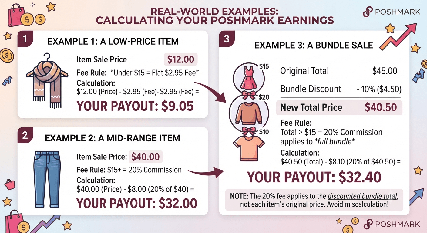 Real world examples calculating Poshmark earnings: a low price scarf, a mid range pair of jeans, and a bundle sale showing exact payout math
