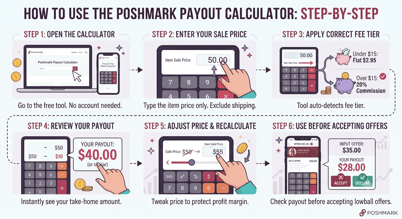 Step by step guide showing how to use the Poshmark Payout Calculator: open the calculator, enter your sale price, apply the correct fee tier, review your payout, adjust and recalculate, and use it before accepting offers