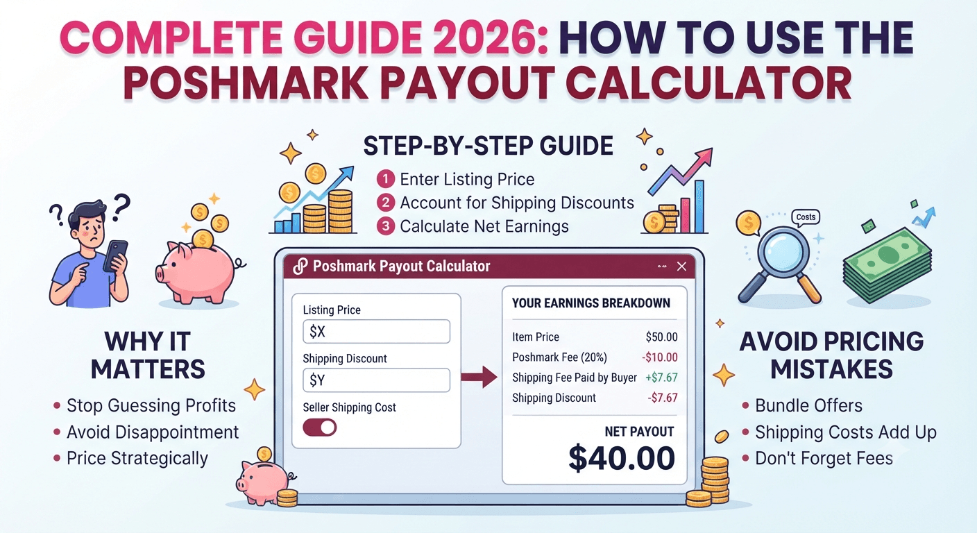 Complete guide 2026 overview showing how to use the Poshmark Payout Calculator, why it matters, and how to avoid pricing mistakes