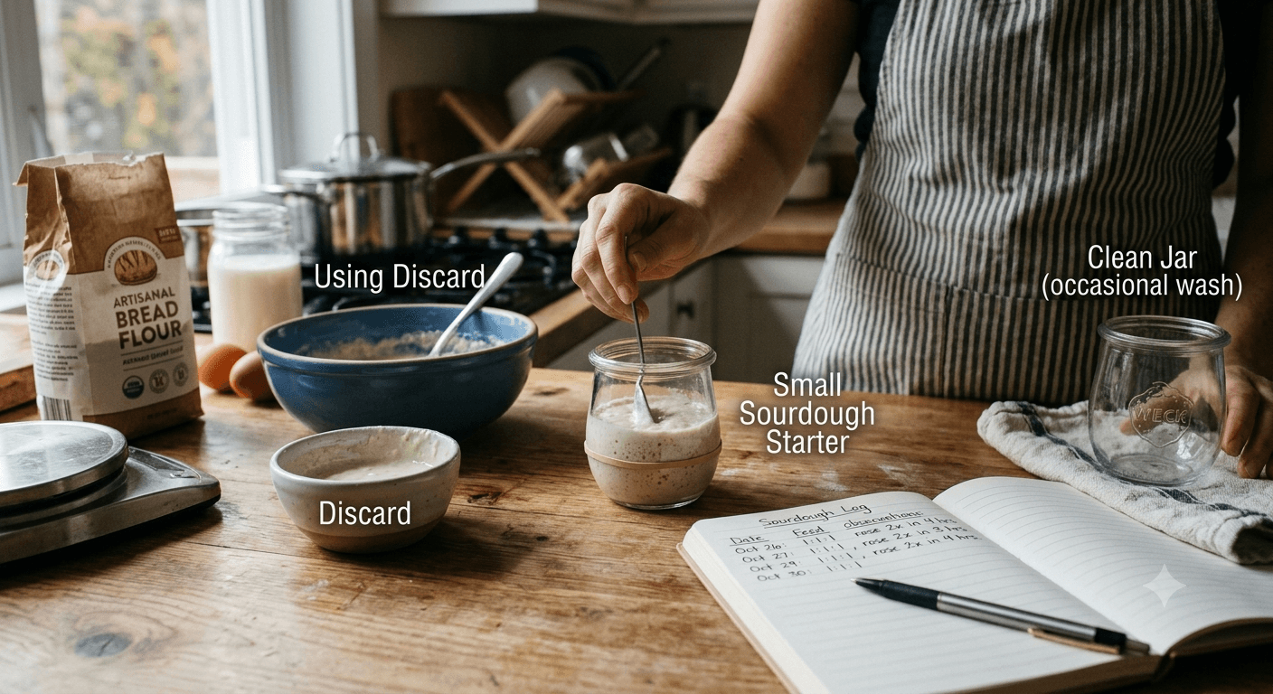 Small jar of healthy sourdough starter next to a feeding log notebook tracking date and ratio