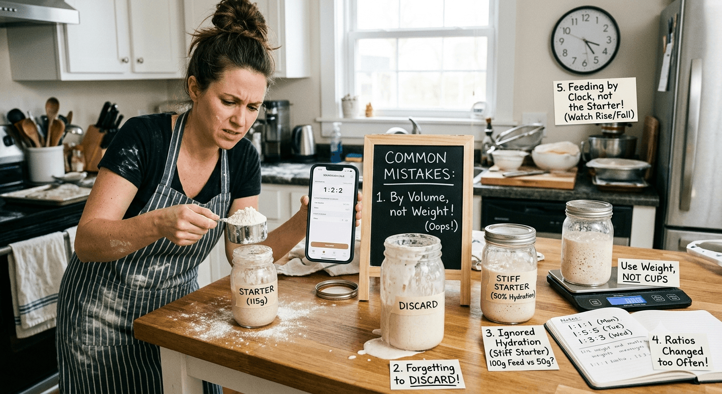 Sourdough starter jar placed near a warm kitchen spot to regulate fermentation temperature across seasons