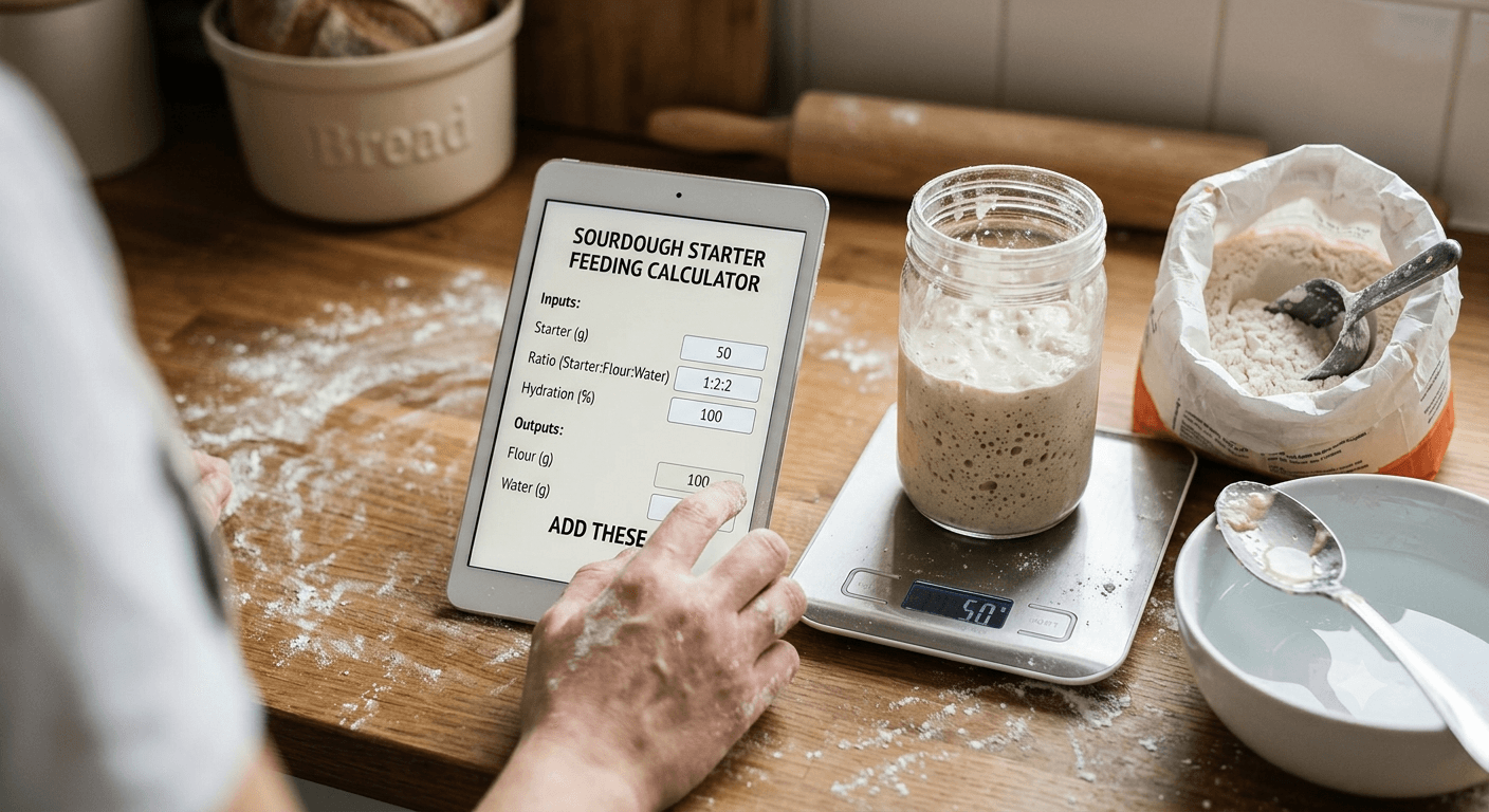 Close-up of the sourdough starter feeding calculator interface showing starter weight, ratio, and hydration input fields