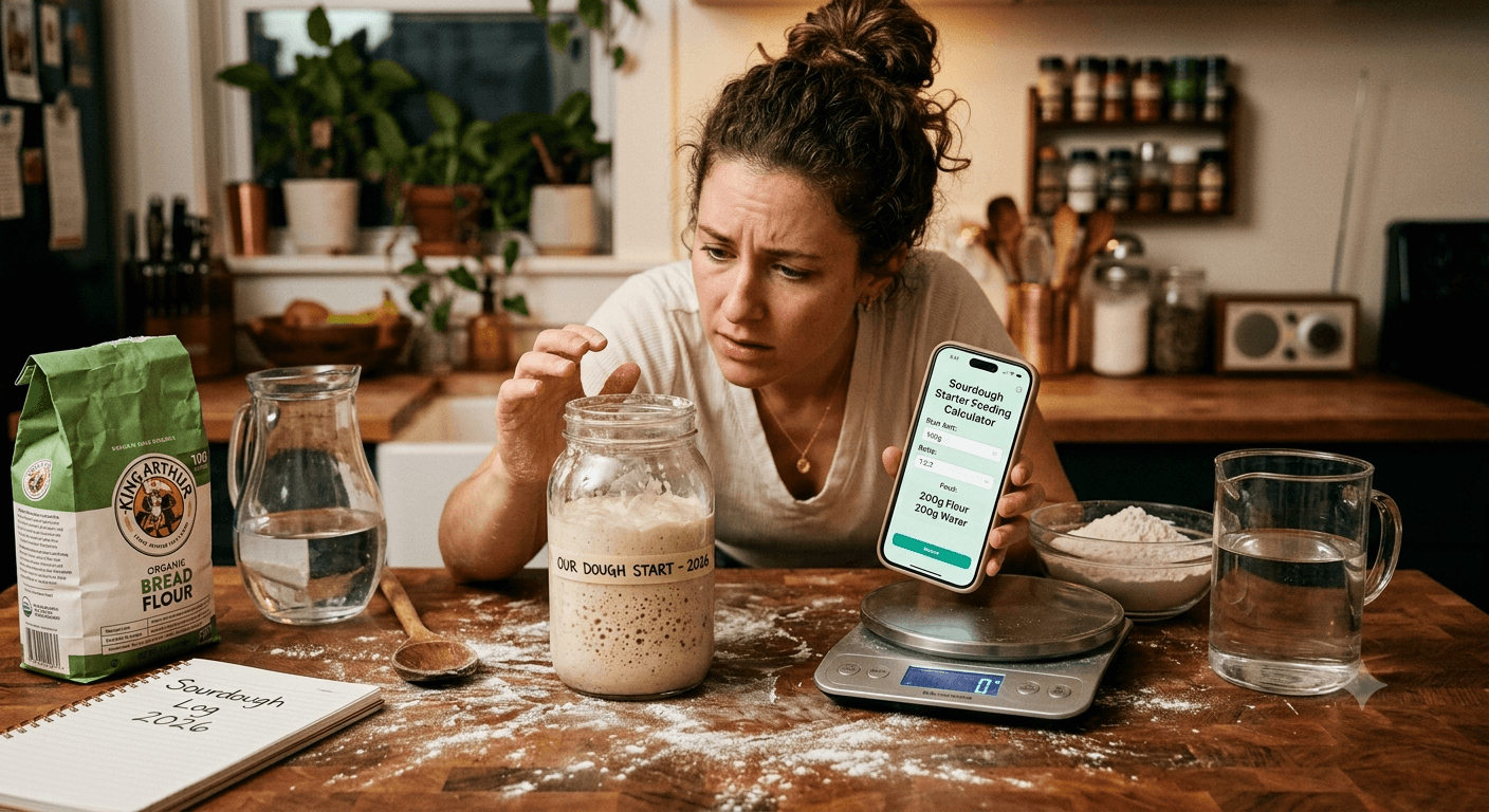 Home baker checking a sourdough starter feeding calculator on her phone next to a jar of starter and a bag of flour