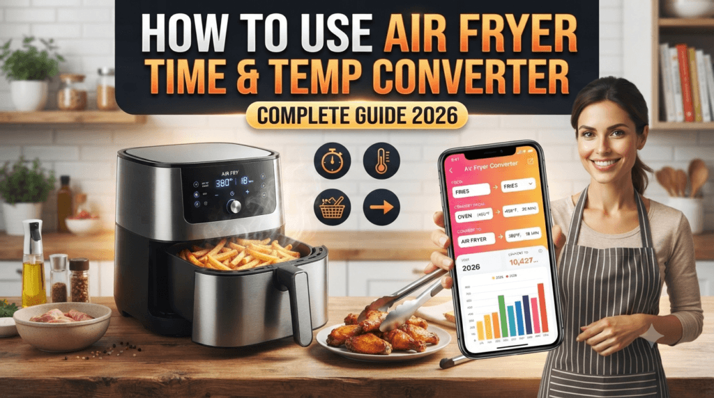 air fryer converter, air fryer time and temp, convert oven recipe to air fryer, air fryer conversion formula, air fryer temp calculator, air fryer cooking guide