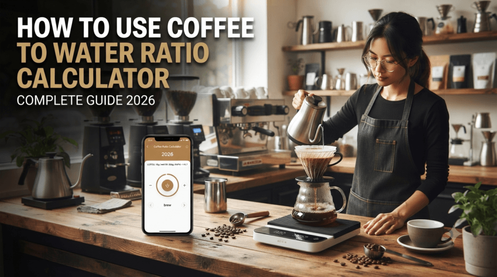 coffee to water ratio calculator, how to use coffee calculator, coffee brew ratio guide, SCA golden ratio, pour over coffee ratio, french press ratio, coffee brewing math