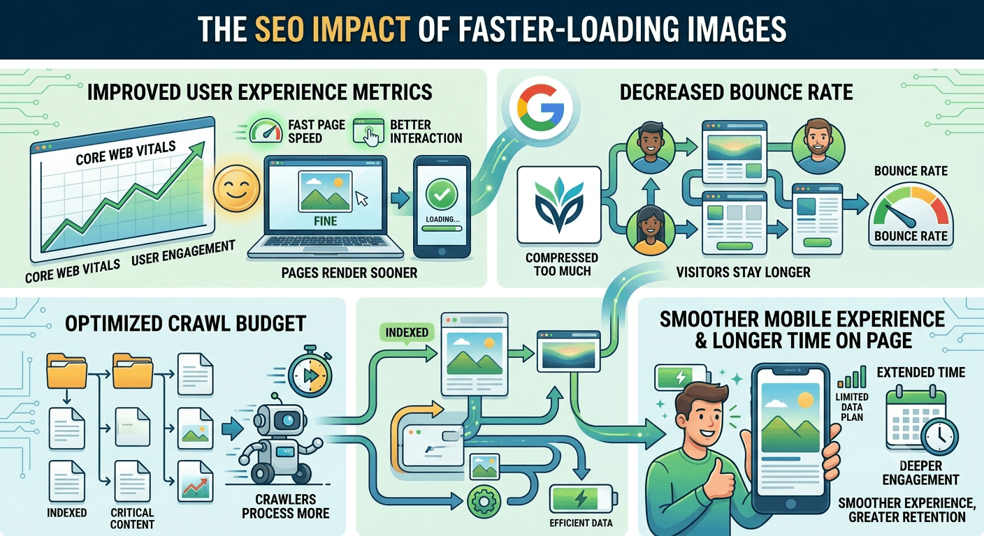 Infographic showing the SEO impact of faster-loading images: improved user experience metrics, decreased bounce rate, optimized crawl budget, and smoother mobile experience