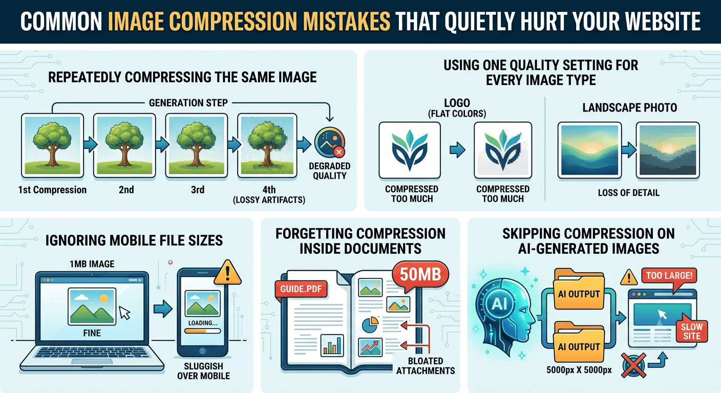 Infographic listing common image compression mistakes: repeated compression, one setting for all image types, ignoring mobile file sizes, uncompressed PDFs, and skipping AI-generated images