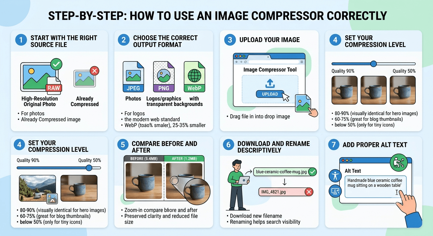Seven-step infographic showing how to use an image compressor correctly: choosing the source file, format, uploading, setting compression level, comparing results, renaming, and adding alt text