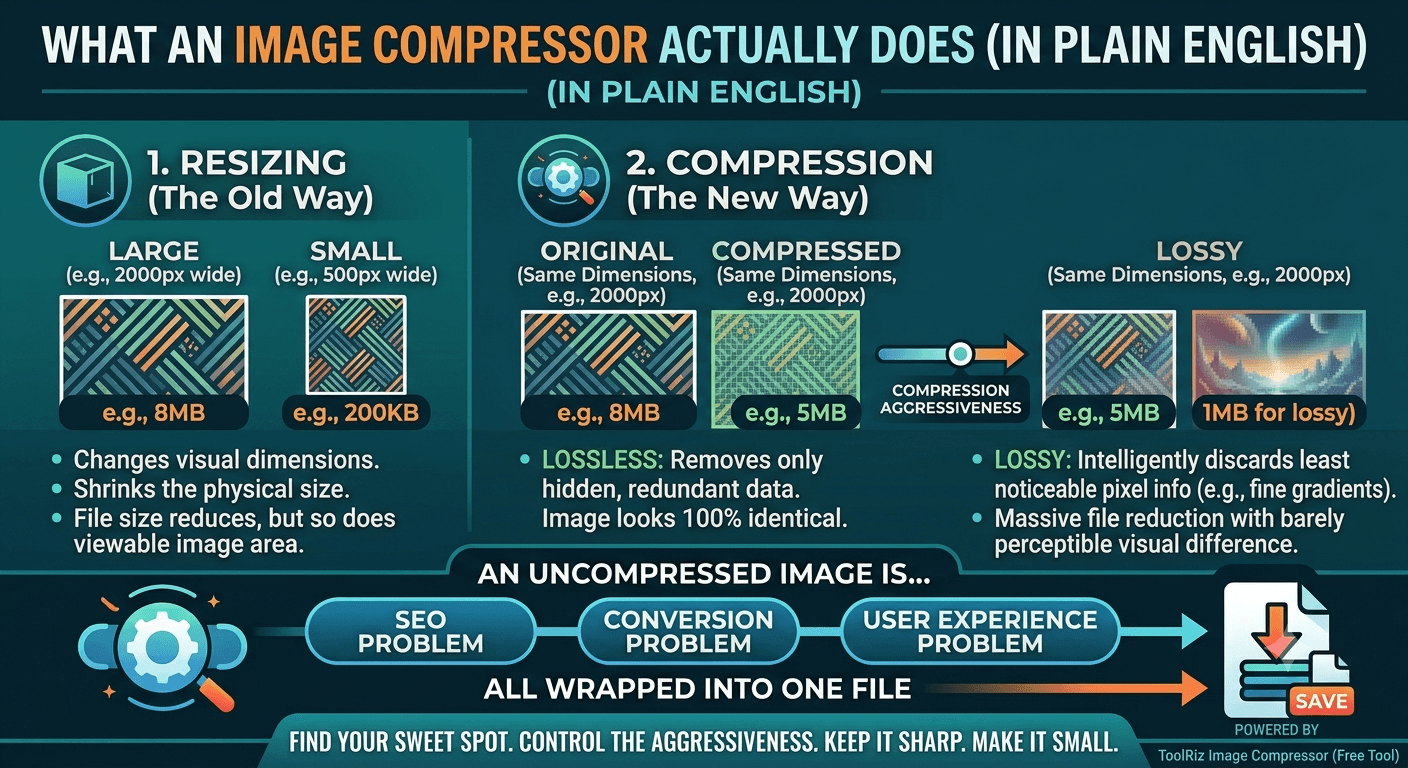 Diagram comparing resizing versus compression, and lossless versus lossy compression, showing how file size is reduced while keeping image dimensions the same