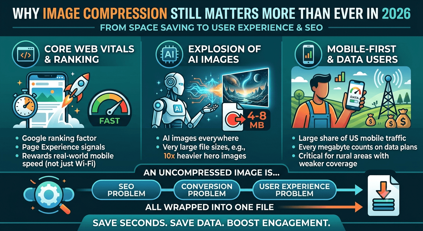 Infographic showing why image compression matters in 2026: Core Web Vitals ranking factor, explosion of large AI-generated images, and mobile-first data-conscious users