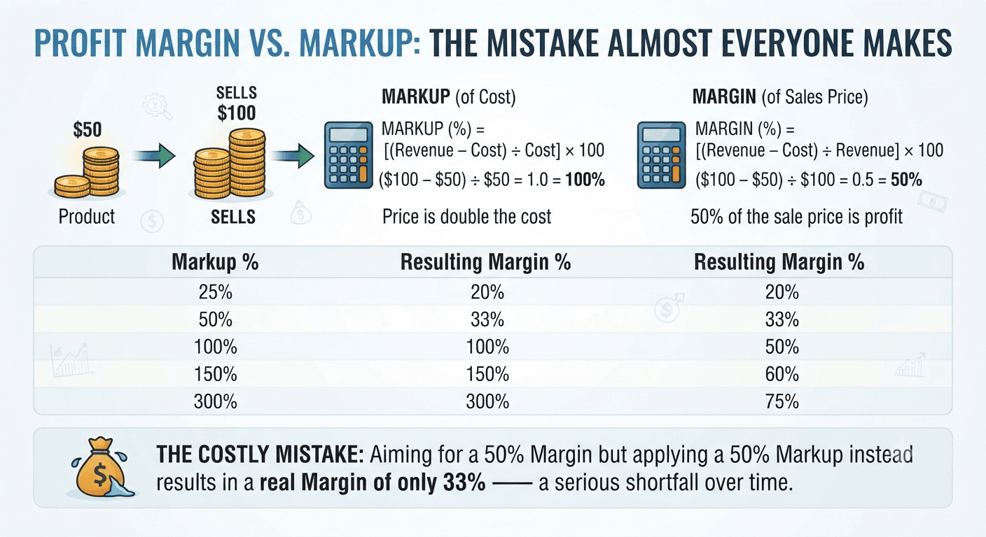Profit margin versus markup comparison showing how the same $50 profit gives 100% markup but 50% margin