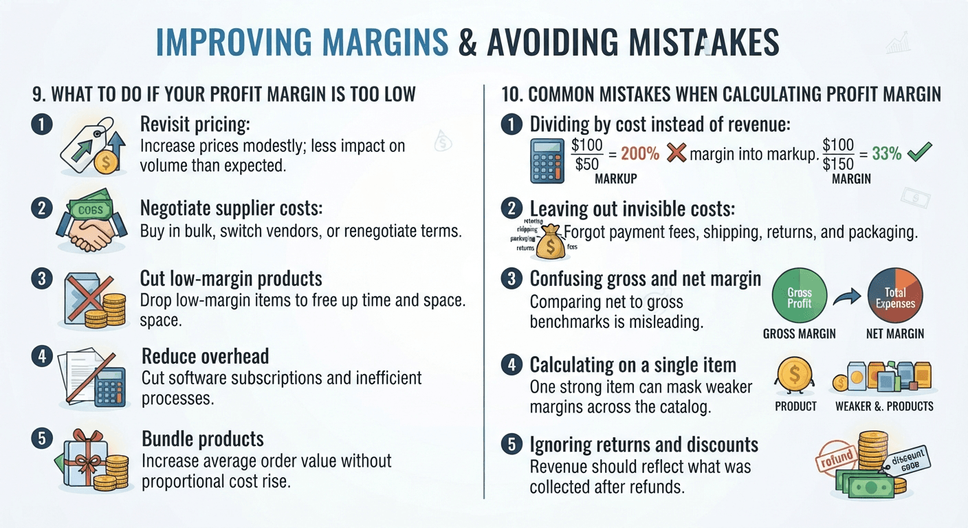 Infographic on improving low profit margins and avoiding common profit margin calculation mistakes
