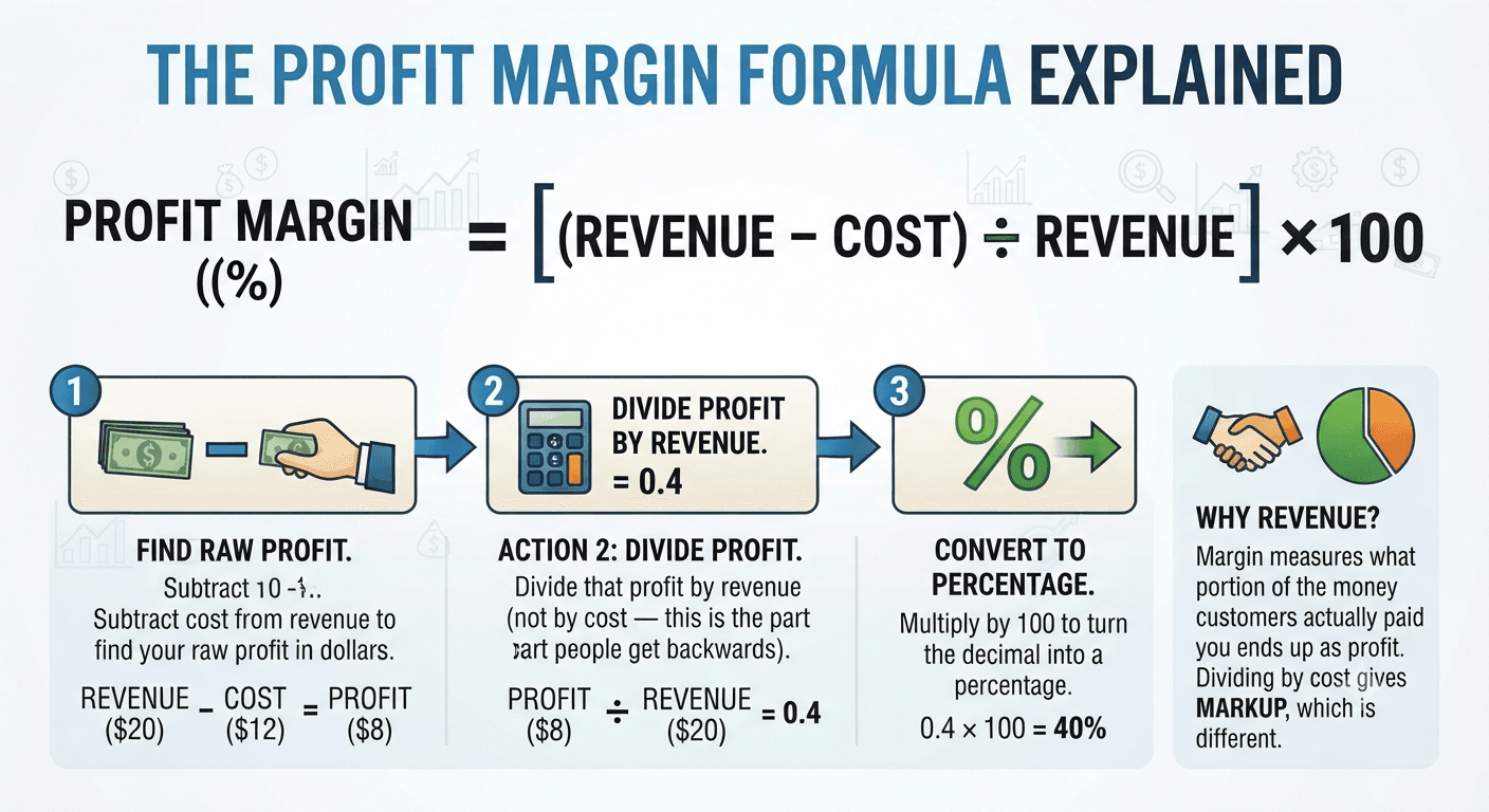 Profit margin formula explained step by step: subtract cost, divide by revenue, convert to percentage