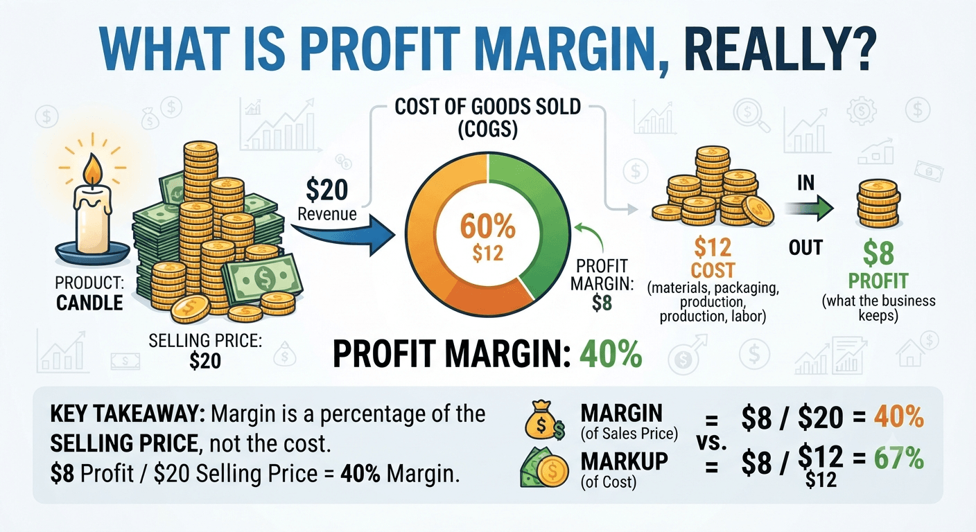 What is profit margin explained with a $20 candle example showing 40% profit margin