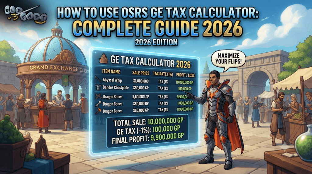 OSRS GE Tax Calculator, OSRS Grand Exchange Tax, GE Tax Cap 5M, OSRS Flipping Margin Calculator, RuneScape GE Tax Formula, OSRS Profit Calculator, Old School RuneScape Merching, OSRS Gold Sink