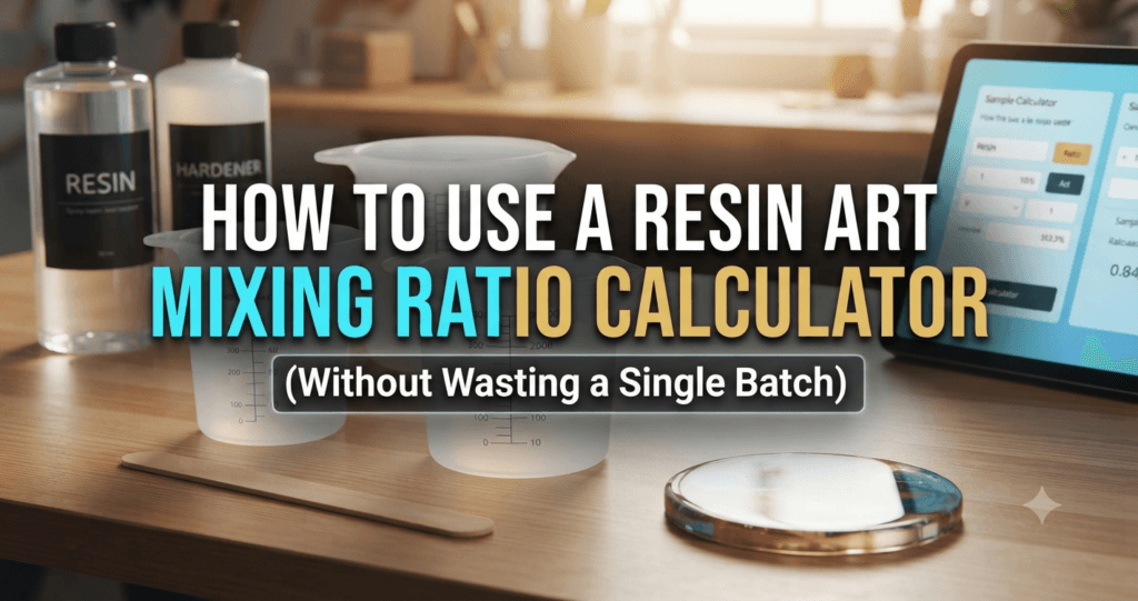 resin art mixing ratio calculator, epoxy resin ratio calculator, resin calculator, how to mix epoxy resin, resin mixing ratio, resin art guide, epoxy resin ratio by volume, 1:1 resin ratio, 2:1 epoxy resin, prevent sticky resin