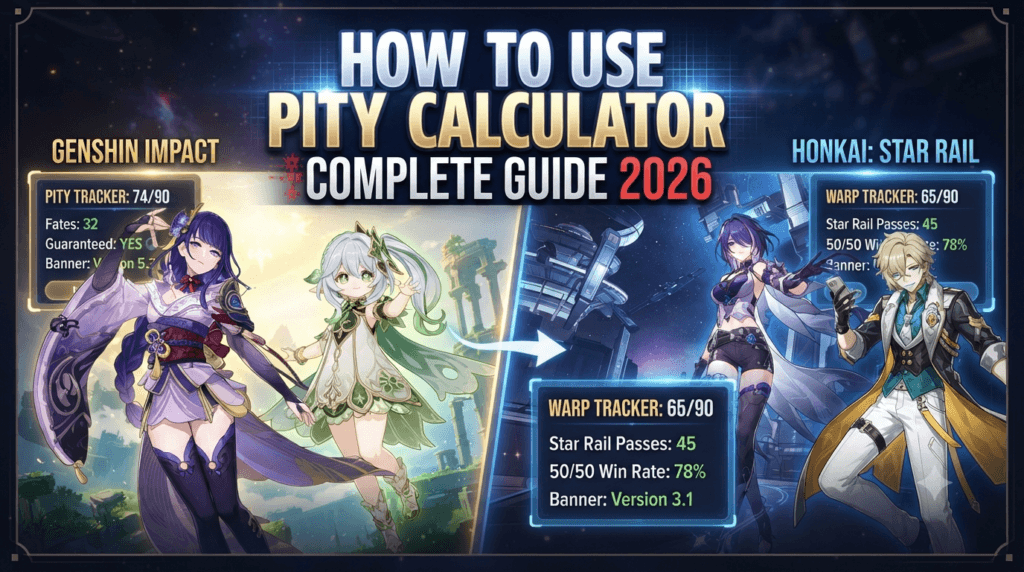 Genshin Impact pity calculator, Honkai Star Rail pity calculator, soft pity calculator Genshin, 50 50 guarantee calculator, Primogem savings guide, Genshin wish tracker 2026, Honkai Star Rail warp calculator