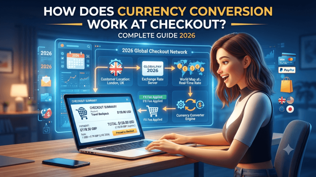 currency conversion at checkout, exchange rates, dynamic currency conversion, DCC fees, foreign transaction fee, international checkout, interbank rate, multi currency payment, cross border payment, online payment gateway