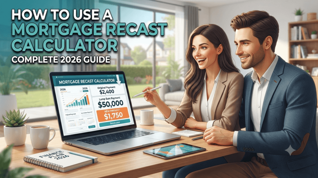 Mortgage recast calculator, How to use a mortgage recast calculator, Mortgage recast vs refinance, Calculate mortgage recast payment, Mortgage re-amortization calculator, Lower monthly mortgage payment lump sum, Mortgage recasting rules 2026, Mortgage recast calculator example