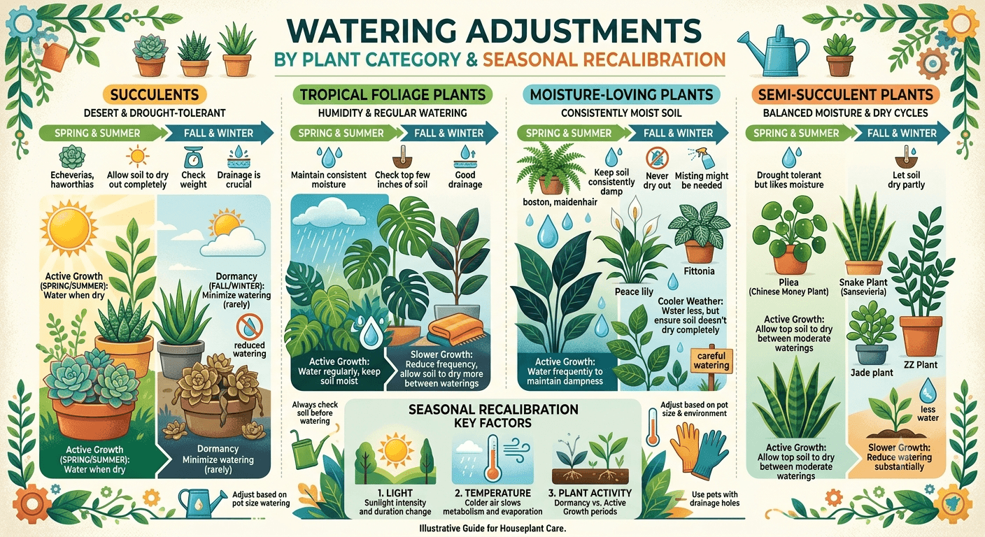 Person checking a personalized watering schedule on a phone next to a shelf of labeled houseplants marked every 7 days and every 14 days