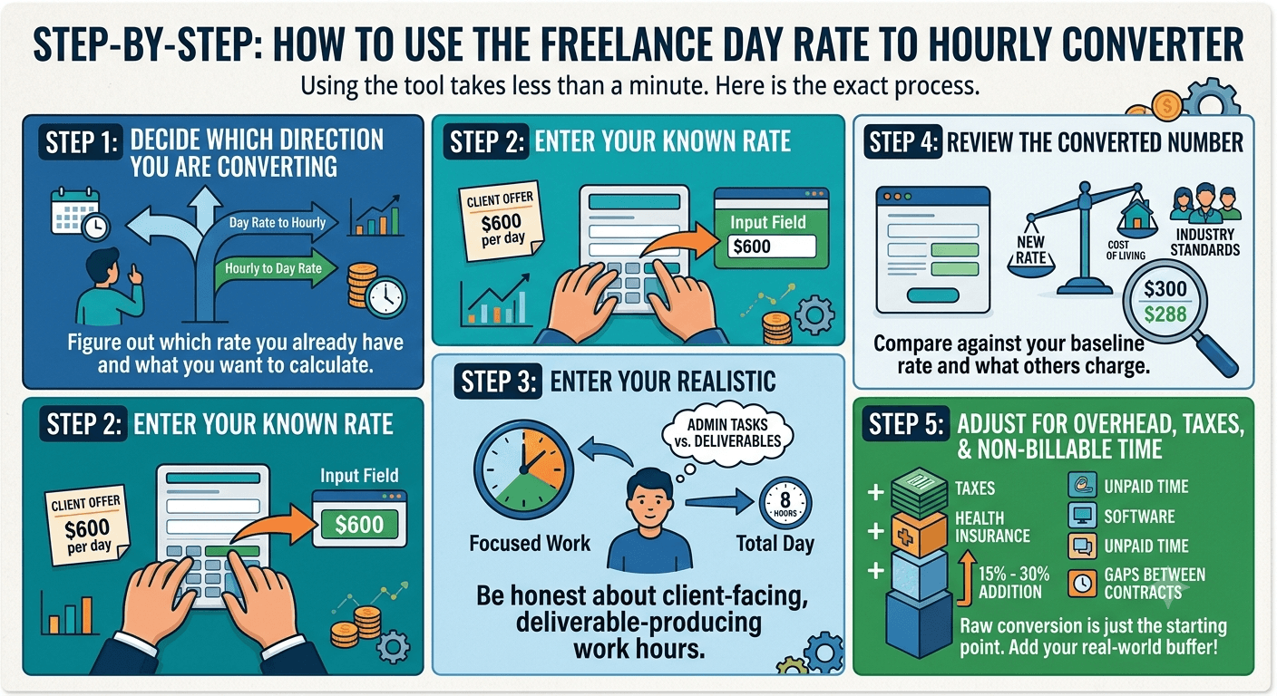 Step by step guide on how to use the freelance day rate to hourly converter