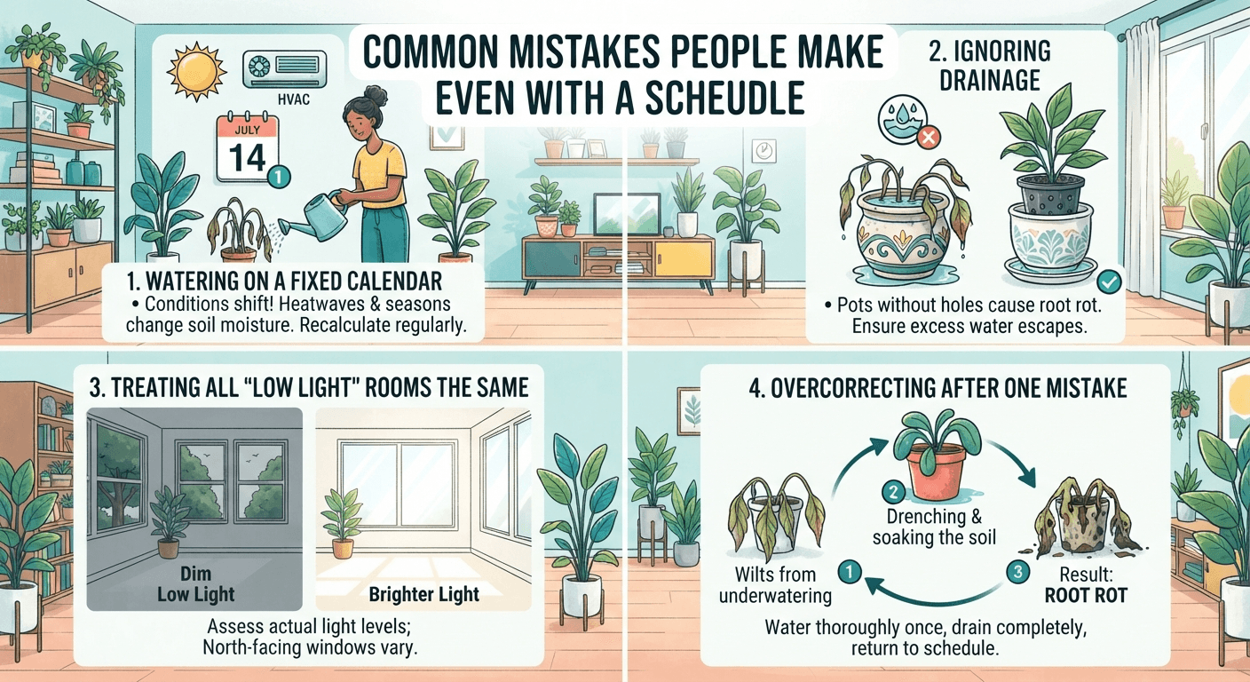 Infographic showing watering adjustments by plant category and seasonal recalibration for succulents, tropical foliage plants, moisture-loving plants, and semi-succulent plants