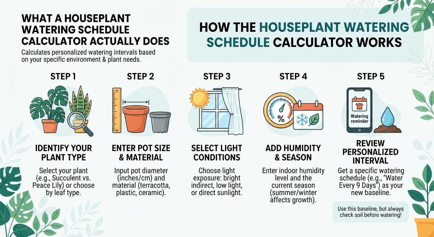 Infographic showing four common houseplant watering mistakes: fixed calendar watering, ignoring drainage, treating all low light rooms the same, and overcorrecting after one mistake