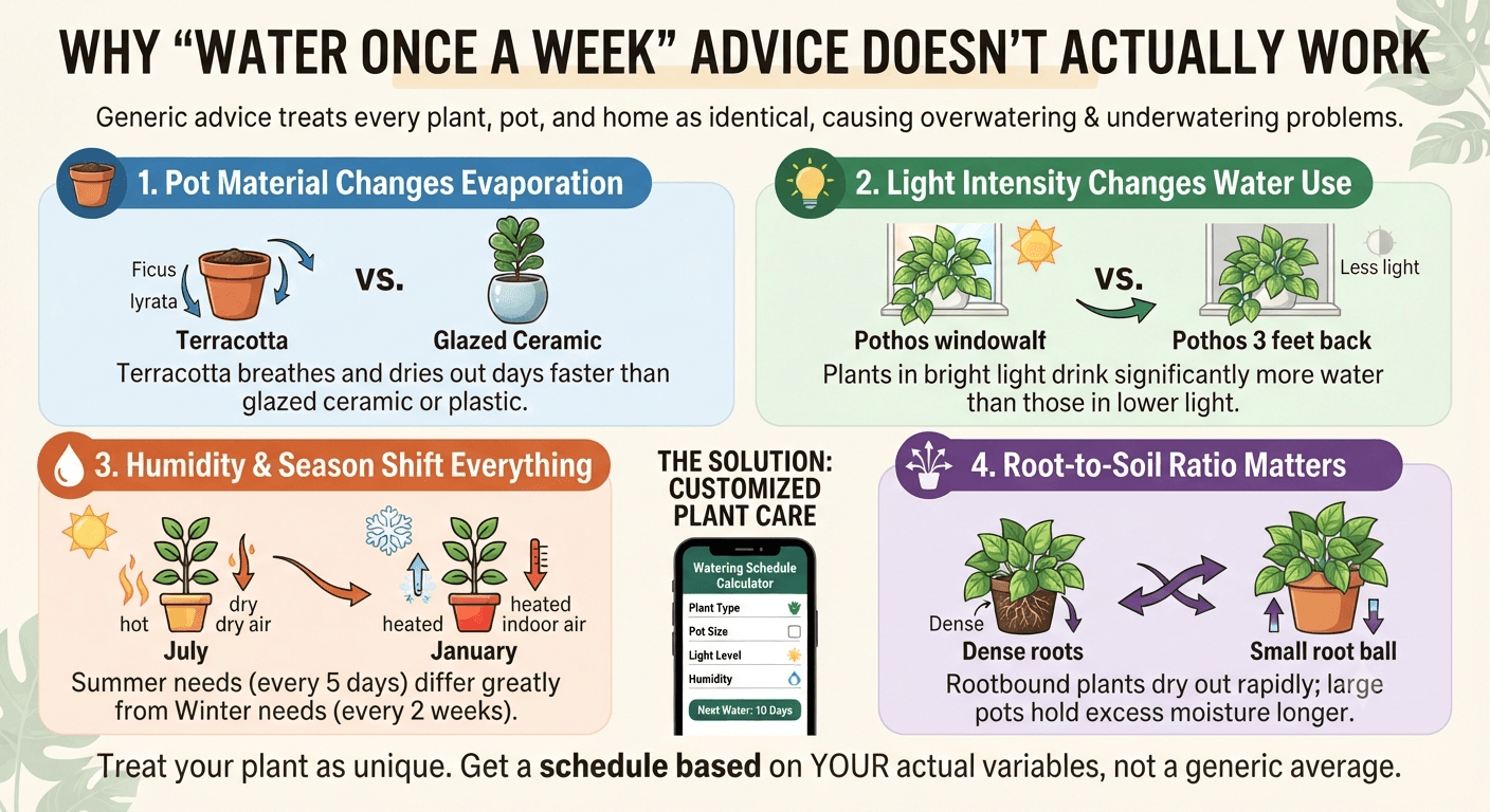 Five step infographic showing how the houseplant watering schedule calculator works: identify plant type, enter pot size and material, select light conditions, add humidity and season, review personalized interval